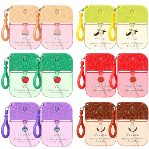 Sacubee 24 Pcs Hand Sanitizer Spray Travel Size with Keychain 1.2oz/35ml Hydrating Pocket Hand Sanitizer Multi Flavor Apple Peach Vanilla Lavender Coconut Watermelon for Keychain Purse Travel