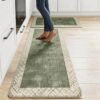 Sage Green Rustic Neutral Kitchen Rug Sets [2 PCs], Distressed Woven Border Anti-Fatigue Cushioned Kitchen Mats, Waterproof Non-Slip Heavy Duty Comfort Rug for Floor, Farmhouse Decor, 17"x29"+17"x47"