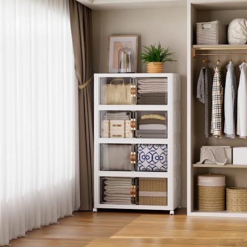 SAILUN 190QT/47Gal Stackable Storage Bins with a Lid, Collapsible Storage Bins With Doors, Folding Cabinet for Home Closet Organization,4 Pack-19.7" W x 12.6" D x 44.3" H White