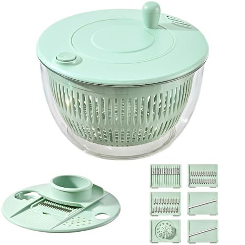 Salad Spinner and Multi Vegetable Choppers Set, 2 in 1 Vegetable Washer with 5 Interchangeable Blades, Grater for Slicing Shredding and Juicing, Kitchen Fruit Dryer for Salad Preparation