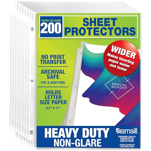 Samsill 200 Pack Heavy Duty Sheet Protectors, Non-Glare, 8.5x11 Inch Page Protectors for 3 Ring Binder, Letter Size Protectors, Reinforced Holes, Non-Glare Protector, Top Loading, Acid Free