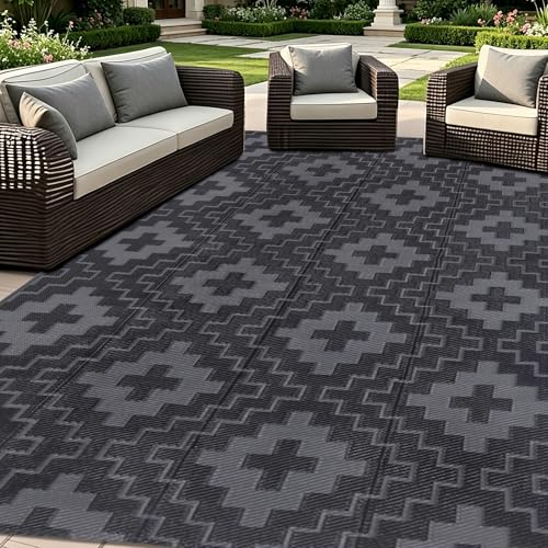 SAND MINE Waterproof Outdoor Rug 5x8 ft, Reversible Plastic Straw Area Rug, Large Floor Mat for Patio, Backyard, Deck, RV, Camping, Picnic, Beach, Balcony & Porch - Black & Grey