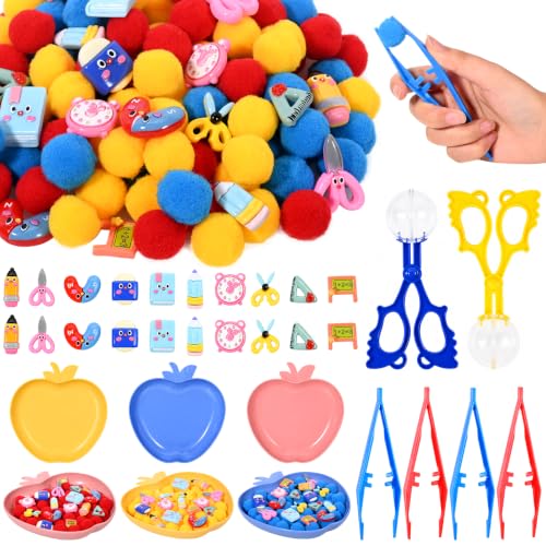 Sanixn 182 Pcs Back to School Sensory Bin Fillers School Fine Motor Skills Sensory Bin Item Pompoms Cups Tweezers Scissor Clips for Preschool Education Activities Sorting Counting