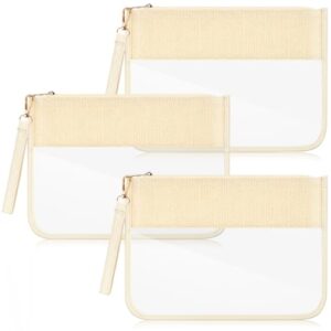 Sanwuta 3 Pcs Clear Flat Zipper Pouches for Travel Women, Straw Woven Waterproof PVC Makeup Snack Bags Set Organizer Portable Storage DIY Chenille Letter Beach Stuff Toiletry Gym(Beige)