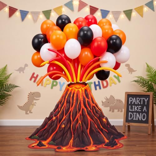 Sanwuta 91pcs Volcano Science Party Decorations Kit Foldable Cardboard Lava Volcano Cutout Prop with 10 Inch Matte Round and Long Balloons for Chemistry Lab Stem Fair Classroom Table Centerpiece Decor