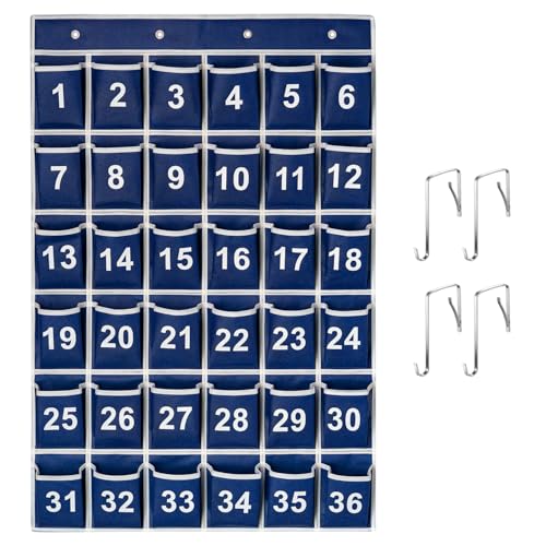 SAVERHO 36 Pockets Blue Numbered Classroom Pocket Chart for Cell Phones, Hanging Pocket Chart Storage for Classroom Phone Calculator Holder with 4 Stainless Steel Hooks (Blue-36pockets)