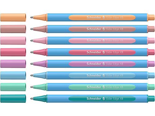Schneider Slider Edge Pastel XB (Extra Broad) Ballpoint Pen, 1.4 mm, Light Blue Barrel, Assorted Ink Colors, Adjustable Case Stand of 8 Pens (152289)