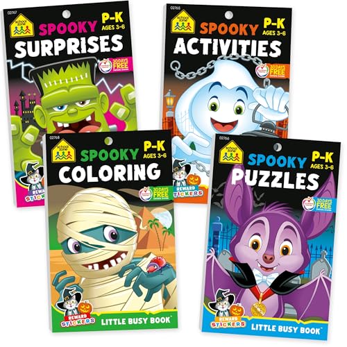 School Zone Spooky Halloween Activity 4-Pack Workbook Set: 192 Pages, Preschool, Kindergarten, Mazes, Hidden Pictures, Connect the Dots, Coloring Book, Stickers & Learning Games, Ages 3 to 6