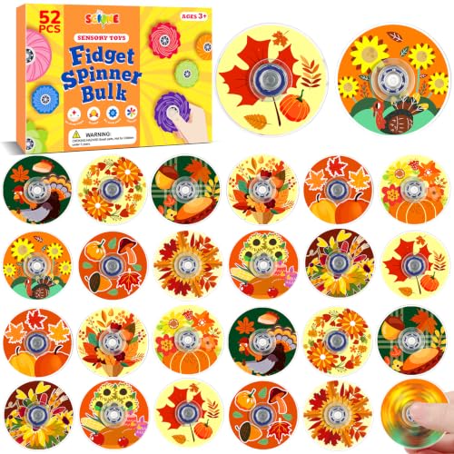 SCIONE 52 Pack Fall Floral Thanksgiving Party Favors Fidget Spinner for Kids Birthday, Autumn Harvest Flower Fidget Spinner Bulk for Classroom Rewards, Goodie Bag Stuffers, Party Supplies