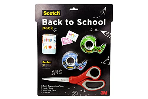 Scotch Back to School Pack, Includes 1 Pair Multi-Purpose Scissors, 3 Rolls Scotch Expressions Tapes, 1 Roll Scotch Magic Tape, and 1 Roll Scotch Wall-Safe Tape (BTSPKScotch-21)