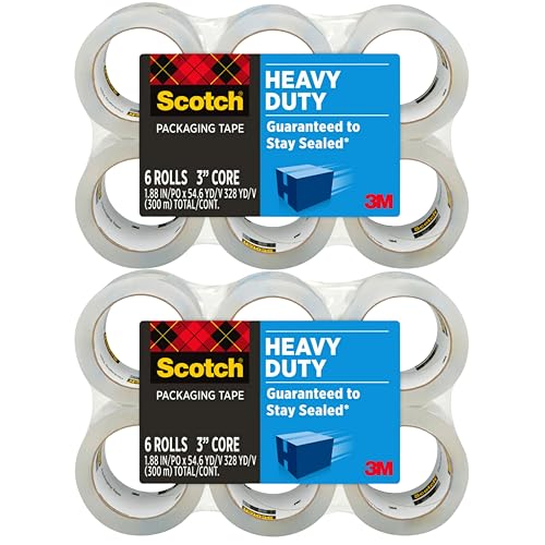 Scotch Heavy Duty Shipping Packaging Tape 3850, Clear, 1.88 in x 54.6 yd (48 mm x 50 m), 12 Pack (12 Rolls), 3.0 Mil Box Sealing Tape