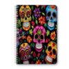 Scribesense Spiral Lined Notebook,Double-Wire College Ruled Journal for College Office,5.71x 8.26 in - Colorful Skulls And Flowers Set Against A Black Background
