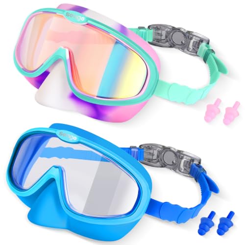 Seago Kids Swim Goggles 2 Pack for 3-12, Anti-Fog UV Protection Clear Wide View No Leaking, Pool Water Toddler Goggles with Nose Cover Swimming Goggles for Kids 6-14 3-5 3-6 4-7 8-12 Girls Boys