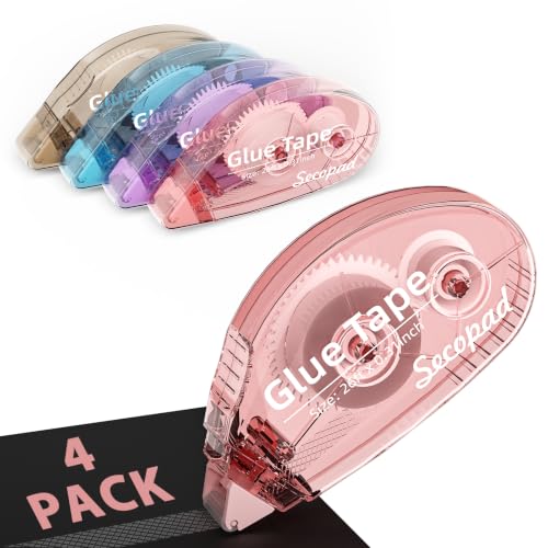 Secopad 4 Pack Scrapbook Tape, Double Sided Tape Roller for Crafts, Adhesive Glue Runner for Scrapbooking Journal Supplies, Glue Roller for School Office, 0.3IN x 26FT, Light-Colored Shell