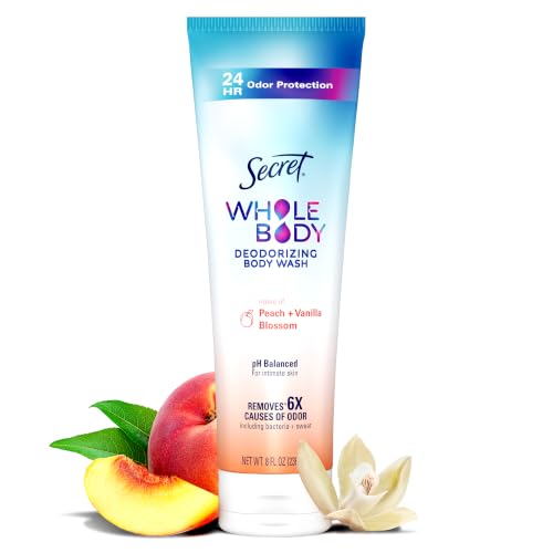 Secret Feminine Wash, 24 HR Deodorizing Feminine Body Wash for Women, Removes 6x Causes of Odor, PH Balanced, Safe to Use Everywhere, Peach & Vanilla Blossom Scent, 8.0 oz