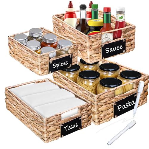 SeekElegant Set of 4 Sizes Hand-Woven Pantry Shelf Baskets, Hyacinth Storage Baskets with Chalkboard Labels & 2 Chalk Markers, Wicker Nestable Shelf Basket Set for Organizing Pantry Laundry Shelves