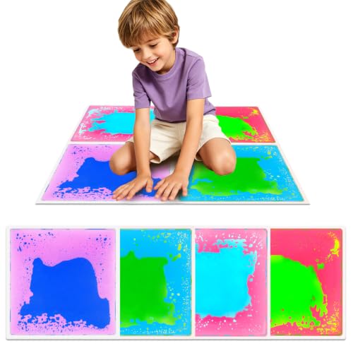 Sensory Floor Tiles for Kids: Liquid Fusion Activity Mat 4 Pcs Texture with One-Piece Glue-Free Sealing - Educational Fun Water Play Mats - Autistic Toddler Calming Toys (12X12inch)