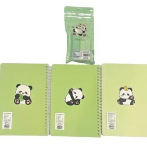 Set of 3 Cute Panda Spiral Notebooks - Kawaii Green Panda Journals with Eraser Set, A5 Lined Memo Pads for Kids, Girls, School Supplies, Panda Dreams Stationery Gift Set