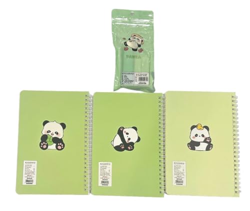 Set of 3 Cute Panda Spiral Notebooks - Kawaii Green Panda Journals with Eraser Set, A5 Lined Memo Pads for Kids, Girls, School Supplies, Panda Dreams Stationery Gift Set