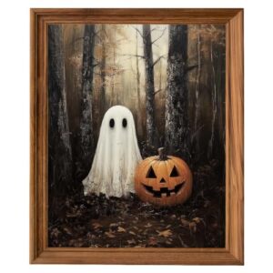 Sevenqqlldec Cute Ghost Halloween Wall Art Print, Vintage Autumn Pumpkin Cart Decor, Cozy Rustic Spooky Season Poster for Living Room, Bedroom, Entryway, Nursery, Classroom and Ghost Lovers