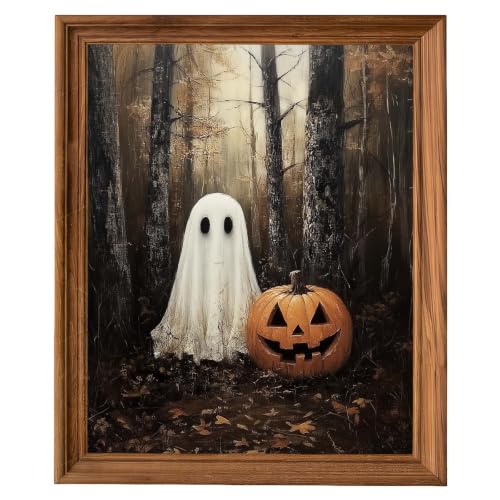 Sevenqqlldec Cute Ghost Halloween Wall Art Print, Vintage Autumn Pumpkin Cart Decor, Cozy Rustic Spooky Season Poster for Living Room, Bedroom, Entryway, Nursery, Classroom and Ghost Lovers