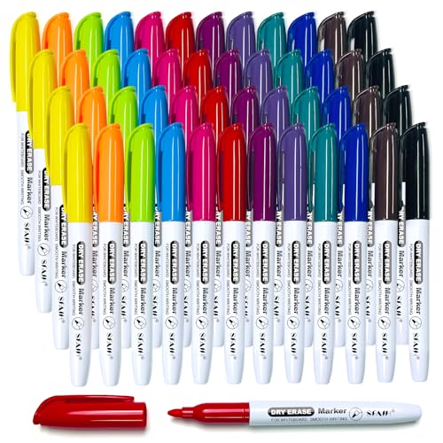 SFAIH Fine Tip Dry Erase Markers, 12 Colors, 48 Pack, 1-2mm Line, Low Odor