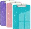 SFLHHDM Clear Glitter Clipboards, Plastic Clipboard with Pen Holder, Clip Boards 8.5x11 with Low Profile Clip, Cute Hanging Sparkly Clip Board for Office School (Purple & Green & Pink)