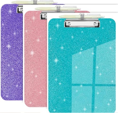 SFLHHDM Clear Glitter Clipboards, Plastic Clipboard with Pen Holder, Clip Boards 8.5x11 with Low Profile Clip, Cute Hanging Sparkly Clip Board for Office School (Purple & Green & Pink)