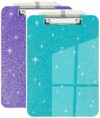 SFLHHDM Clear Glitter Clipboards, Plastic Clipboard with Pen Holder, Clip Boards 8.5x11 with Low Profile Clip, Cute Hanging Sparkly Clip Board for Office School (Purple & Green)