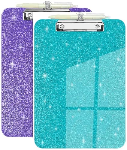SFLHHDM Clear Glitter Clipboards, Plastic Clipboard with Pen Holder, Clip Boards 8.5x11 with Low Profile Clip, Cute Hanging Sparkly Clip Board for Office School (Purple & Green)