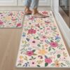 SHACOS Floral Kitchen Rugs Set of 2, Anti-Fatigue Beige Kitchen Floor Mats Waterproof, Non Slip Cushioned Mats with Colorful Flowers Farmhouse Comfort Standing Rug 17x27.5+17x47, Beige Floral