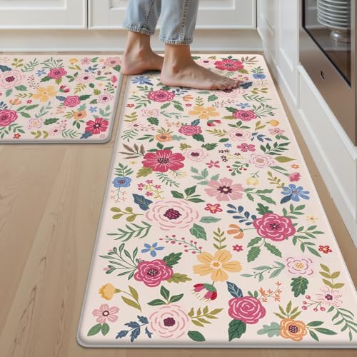 SHACOS Floral Kitchen Rugs Set of 2, Anti-Fatigue Beige Kitchen Floor Mats Waterproof, Non Slip Cushioned Mats with Colorful Flowers Farmhouse Comfort Standing Rug 17x27.5+17x47, Beige Floral