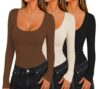 SHAPUM 3 Pack Womens Long Sleeve Shirts Basic Scoop Neck Slim Fitted Tops