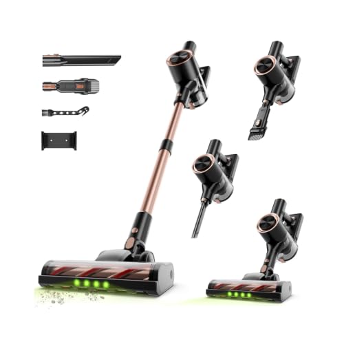 Shieal Cordless Stick Vacuum Cleaner - 45KPA Powerful Suction Vacuum with 45 Min Runtime, Detachable Battery, Anti-Tangle & 1.5L Dust Cup, 8 in 1 Vacuum Cleaner for Pet Hair, Carpet, HardFloor, Gold