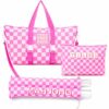 Shinylin 3 Pcs Empty Mahjong Bag Set, Rose Red Checkerboard Pattern Carrying Bags Set with Mahjong Mat, and Drawstring Protective Sleeve for Racks and Pushers Card Bags(Case Only)