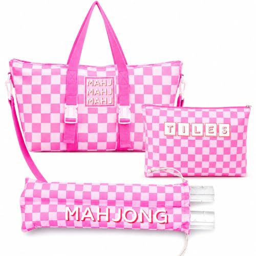 Shinylin 3 Pcs Empty Mahjong Bag Set, Rose Red Checkerboard Pattern Carrying Bags Set with Mahjong Mat, and Drawstring Protective Sleeve for Racks and Pushers Card Bags(Case Only)