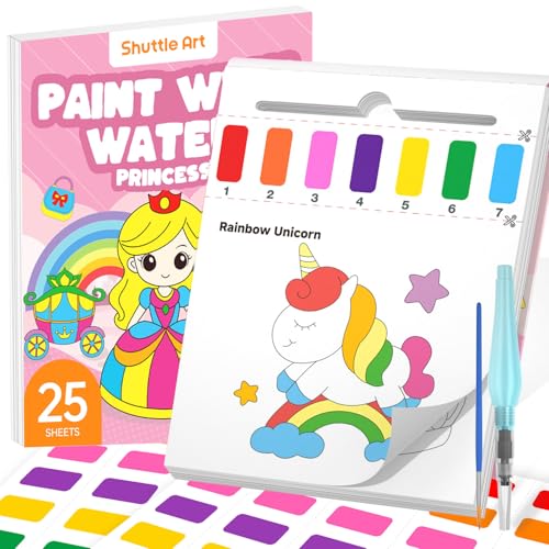 Shuttle Art Paint with Water Coloring Book for Kids, 25 Princess Themed Pages with 2 Brushes, Mess-Free Watercolor Paint Set, Travel-Friendly Art Craft Gift for Toddlers, Birthday Christmas Gift