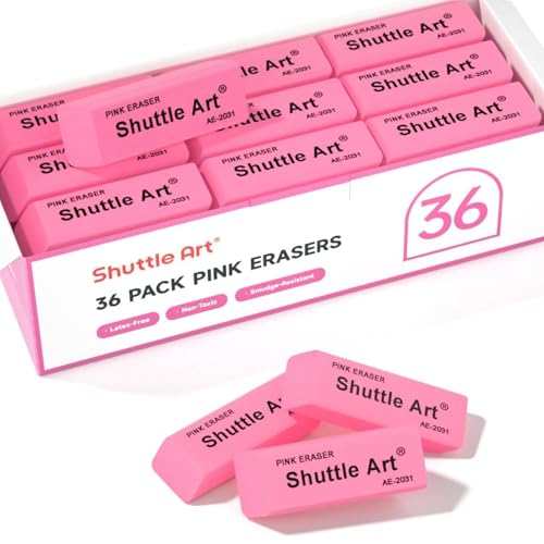 Shuttle Art Pink Erasers, 36 Pack Erasers Bulk, Latex-Free, No Smudge, Soft Eraser for Kids, Teachers, Homeschools, Art Classes and Back to School Supplies