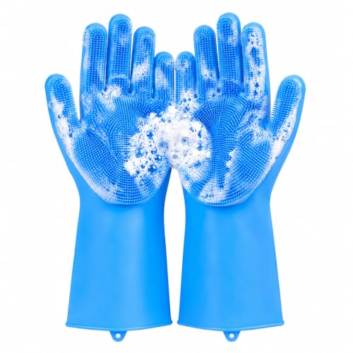 Silicone Dishwashing Gloves with Built-in Scrubber, Reusable Kitchen Cleaning Gloves, Washing Gloves for Dishes, Bathroom, Fruits & Vegetables, Heat Resistant Household Cleaning Gloves, Blue
