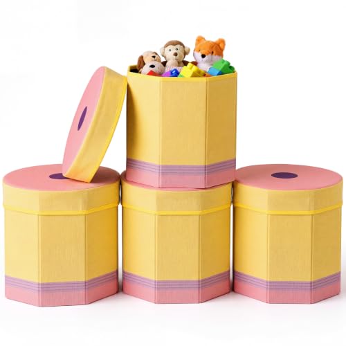SiliFine 4 Pcs Pencil Fabric Storage Stools 11.8 x 11 Inch Folding Storage Bins Cute Collapsible Seat for Children Classroom Back to School Treasure Prize Box End of Year Organization (Yellow)