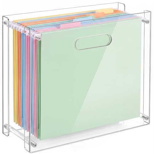 SiliFine Clear Acrylic Hanging File Organizer Box with Handles, 13.6 x 10.4 x 5.1 Inches Narrow Desktop Document Holder for Letter A4 Size, Paper Storage Rack for Desk Office Home