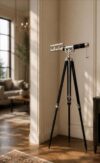 Silver Chrome Floor Standing Telescope with Black Leather Body & Black Tripod – Nautical Nickel Finish Spyglass Royal Antique Decorative Telescope for Living Room, Executive Office & Home Decor