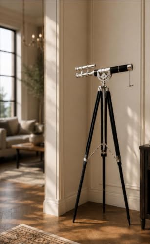 Silver Chrome Floor Standing Telescope with Black Leather Body & Black Tripod – Nautical Nickel Finish Spyglass Royal Antique Decorative Telescope for Living Room, Executive Office & Home Decor