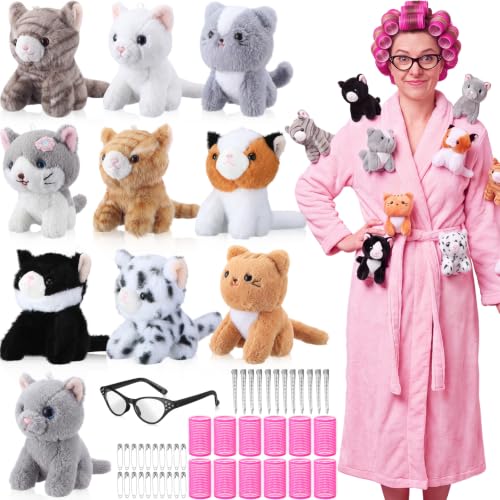 Simgoing 47 Pcs Halloween Cat Stuffed Bulk Soft Cuddly Kitten Plush Animals Sets with Hair Curlers Glasses Hair Clips Cat Fluffy Stuffed for Christmas Birthday Pet Party Favors (Standing)