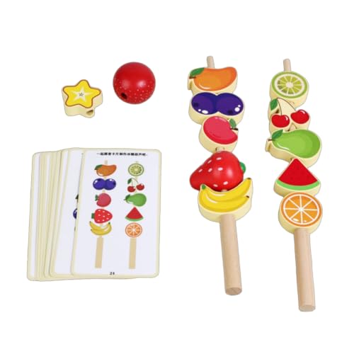 Simhoa Children Cognitive Game Fruit Lacing Beads Threading Toy Stacking Blocks Matching Cards Wooden Educational Set for Hand Eye Coordination and Pattern, Candied Haw Skewers
