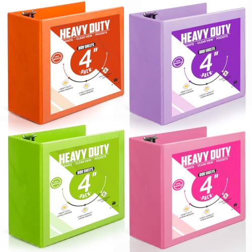 Sinload 4 Pcs 4 Inch Large Ring Binders with Pockets 3 Ring Binder 8.5" x 11" Presentation Folder View Binder with Customizable Clear Cover for Documents Files Projects(Multicolored)