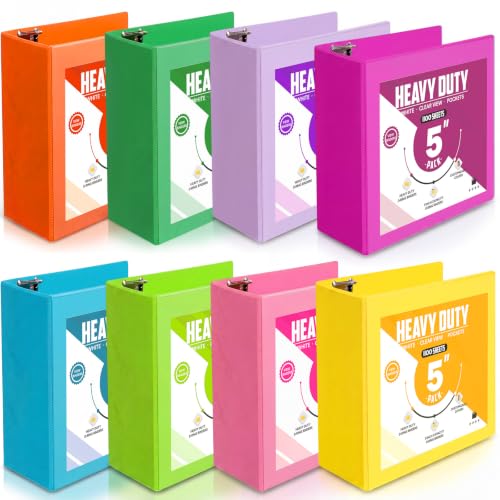 Sinload 8 Pcs 3 Ring Binder 5 Inch Capacity D Ring Binders with Pockets Large 8.5" x 11" Presentation Folder View Binder with Clear Cover for Documents, Files, Projects, Multicolor