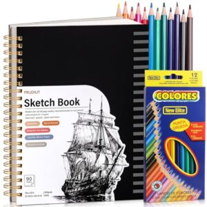 Sketch Book with 12 Colored Pencils, Spiral Bound, 9 × 12 in, 90 Sheets