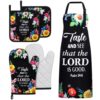 Skicuff Christian Floral Oven Mitts and Pot Holders with Chaf Apron,Set of 5 Heat Resistant Religious Bible Inspirational Gift for Cooking Kitchen Church Favor (Classic)