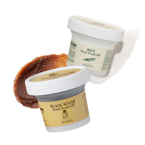 SKINFOOD Black Sugar Mask Wash Off & Rice Mask Wash Off Bundle, Korean Exfoliating Facial Mask Set, Black Sugar and Rice Wash Off Face Masks, Gentle Exfoliation & Hydrating Care, Smooth & Soft Skin